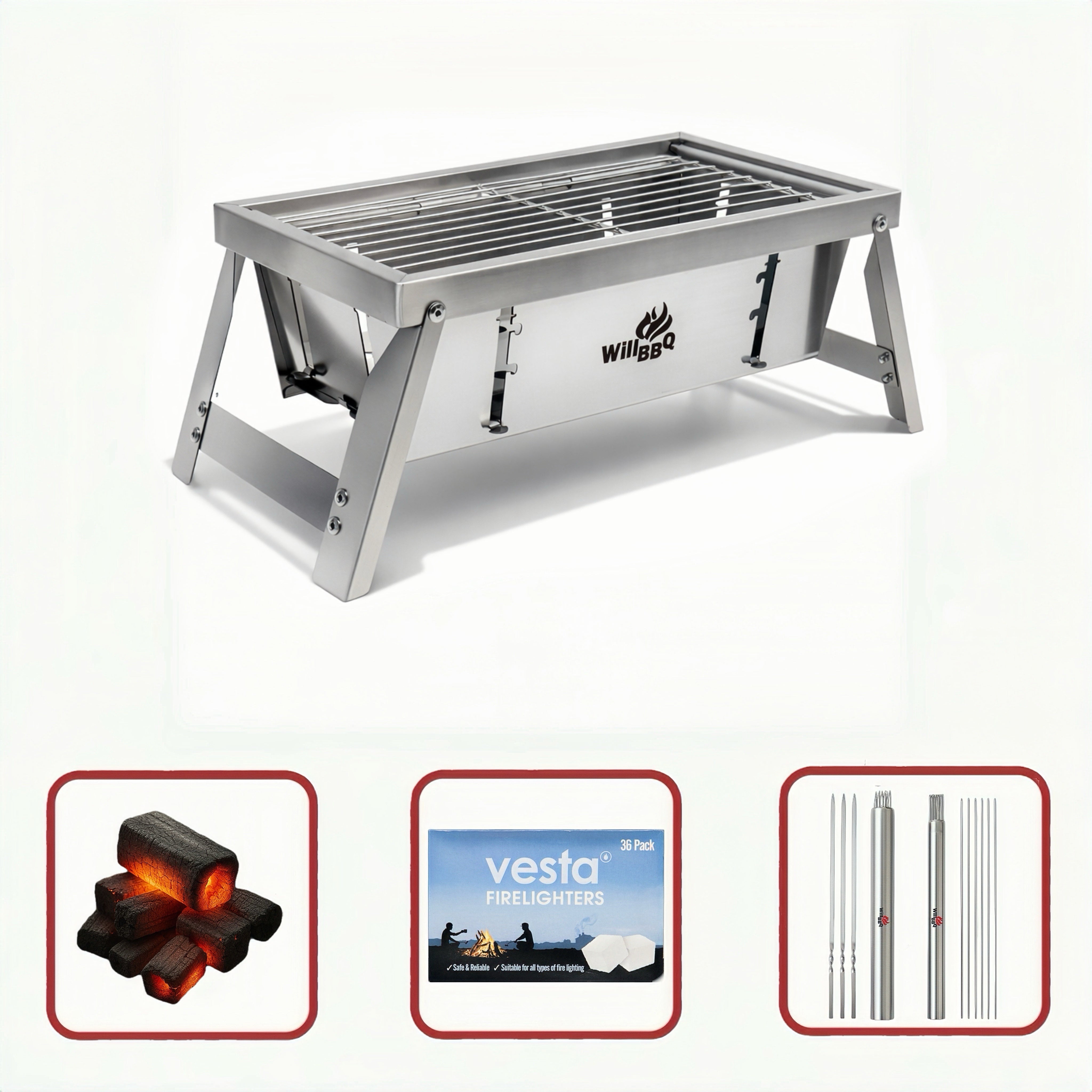 Ultra Compact Drop Open Stainless Steel Portable Grill (30cm * 17cm) Starter Value Bundle