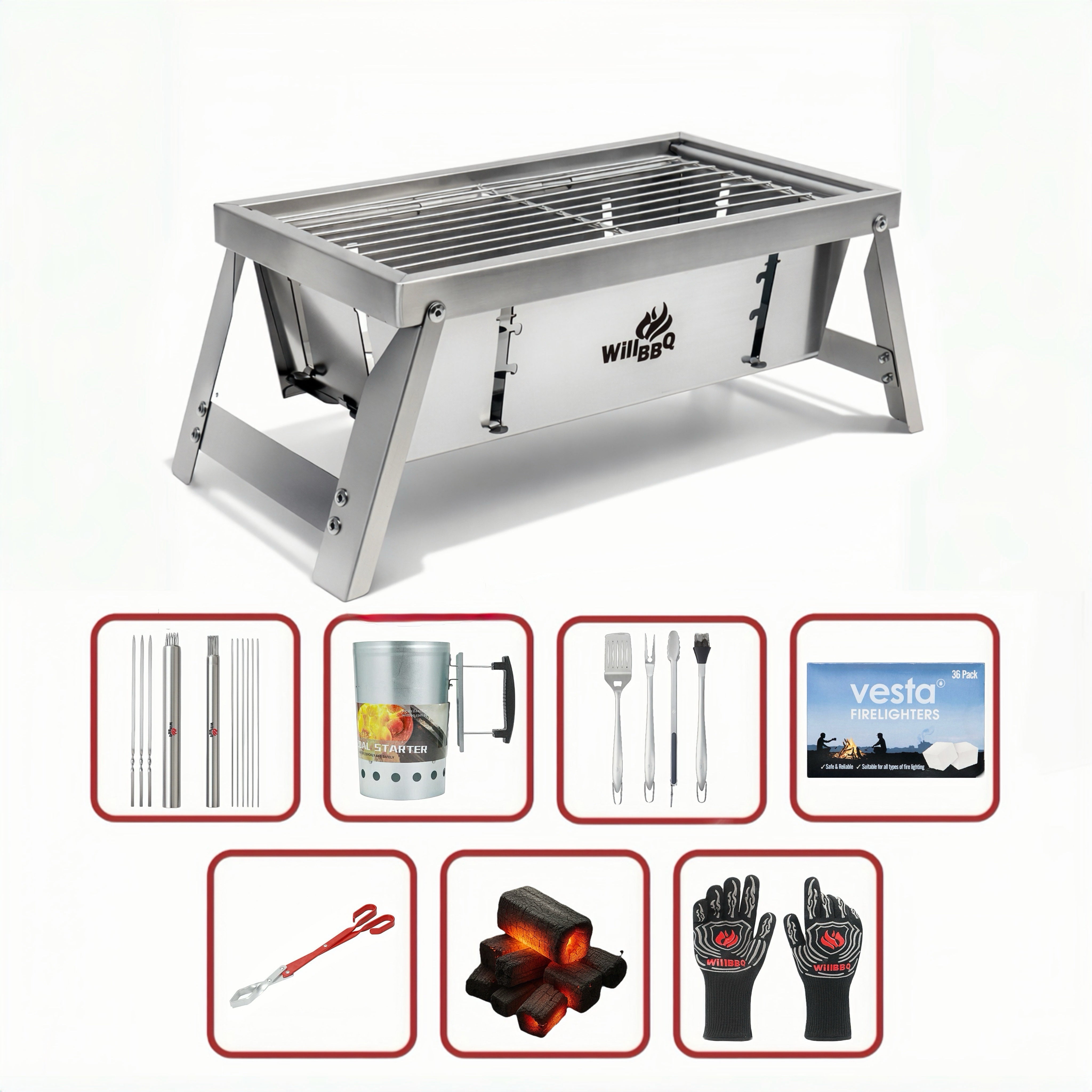 Ultra Compact Drop Open Stainless Steel Portable Grill (30cm * 17cm) Premium Value Bundle