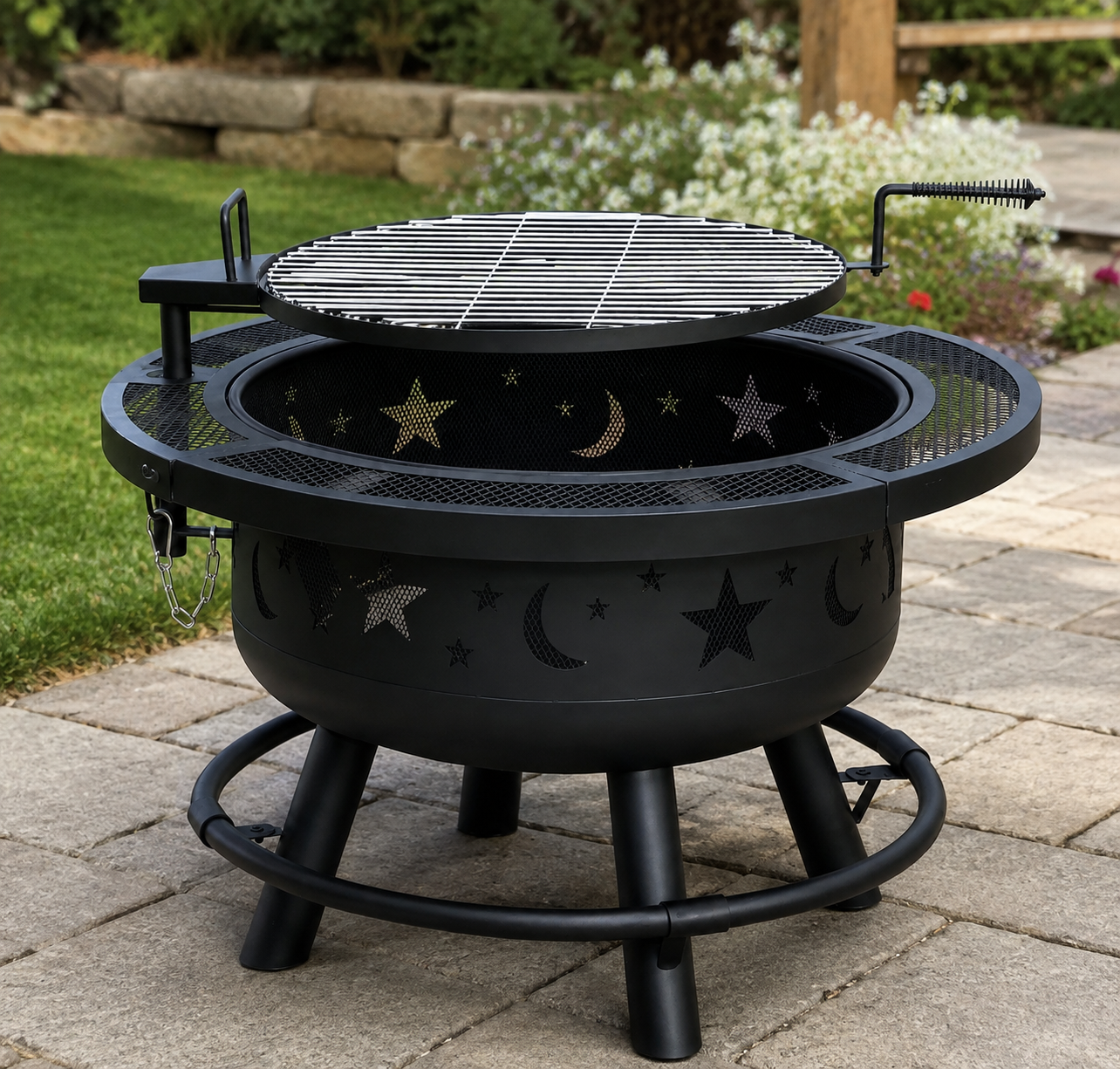 Heavy-Duty Adjustable Fire Pit Table with Star & Moon Cutouts + Table Kit