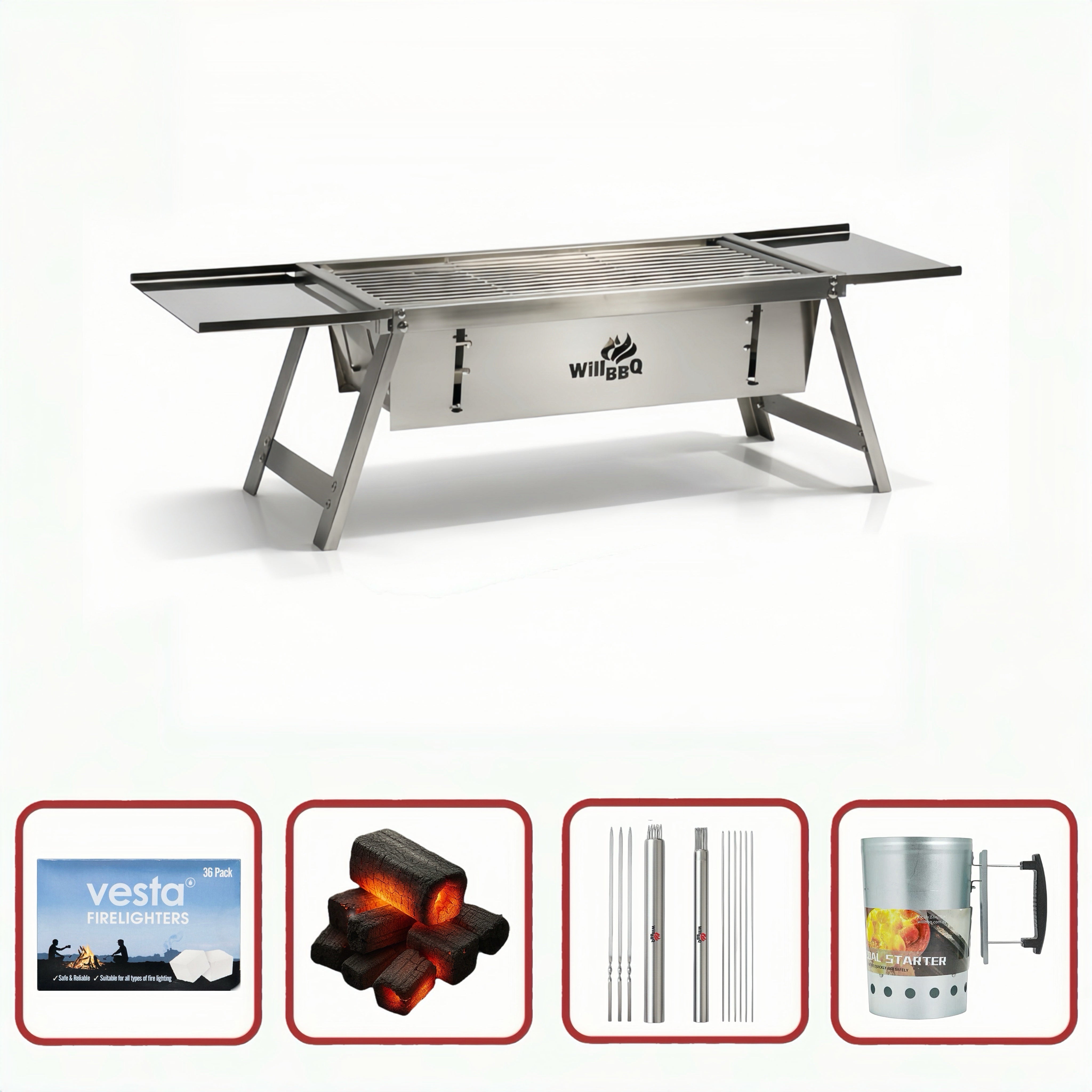 Ultra Compact Drop Open Stainless Steel Portable Grill (54cm * 17cm) Classic Value Bundle