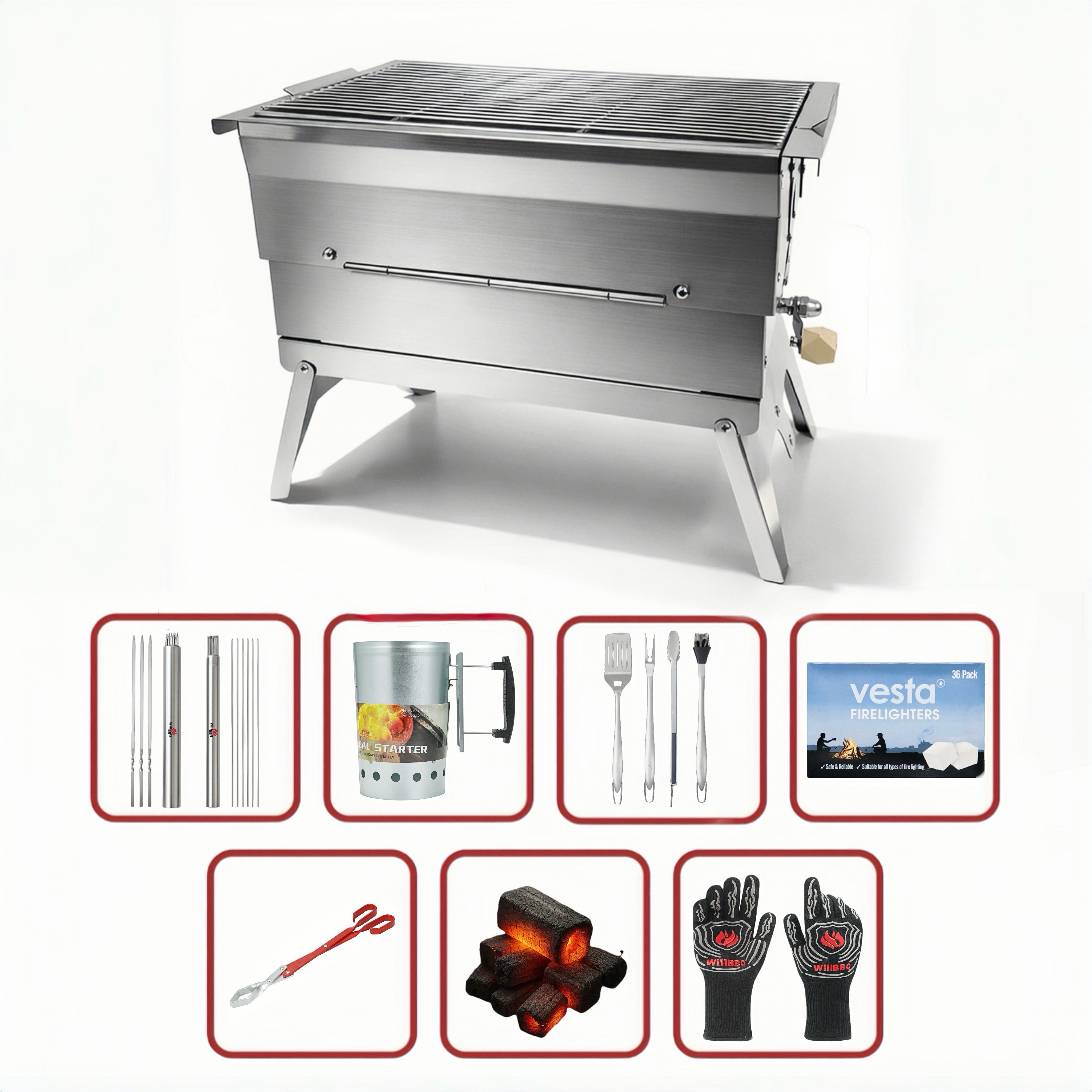 WillBBQ Exclusive Hydraulic Height Adjustable Portable Charcoal Grill Premium Value Bundle