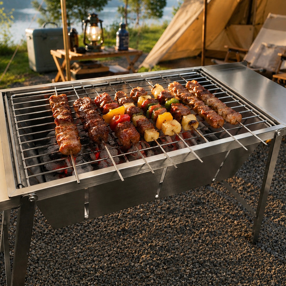 Ultra Compact Drop Open Stainless Steel Portable Grill With Folding Table (77.5cm * 26.5cm)