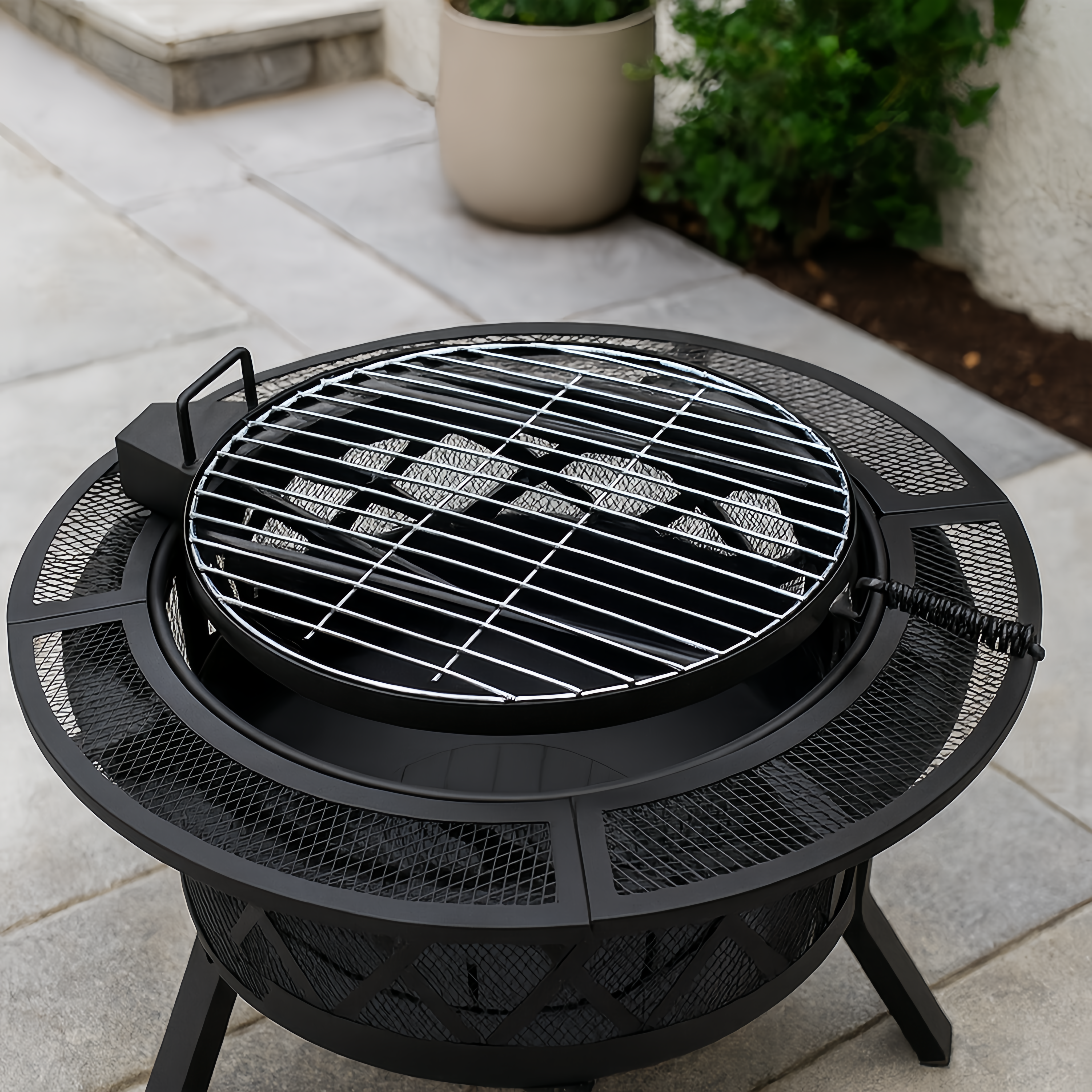 Heavy-Duty Grate Adjustable Fire Pit Table with Diamond Cutout & Table Kit
