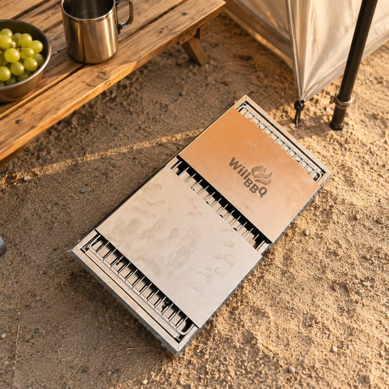 Ultra Compact Drop Open Stainless Steel Portable Grill With Folding Table (77.5cm * 26.5cm)