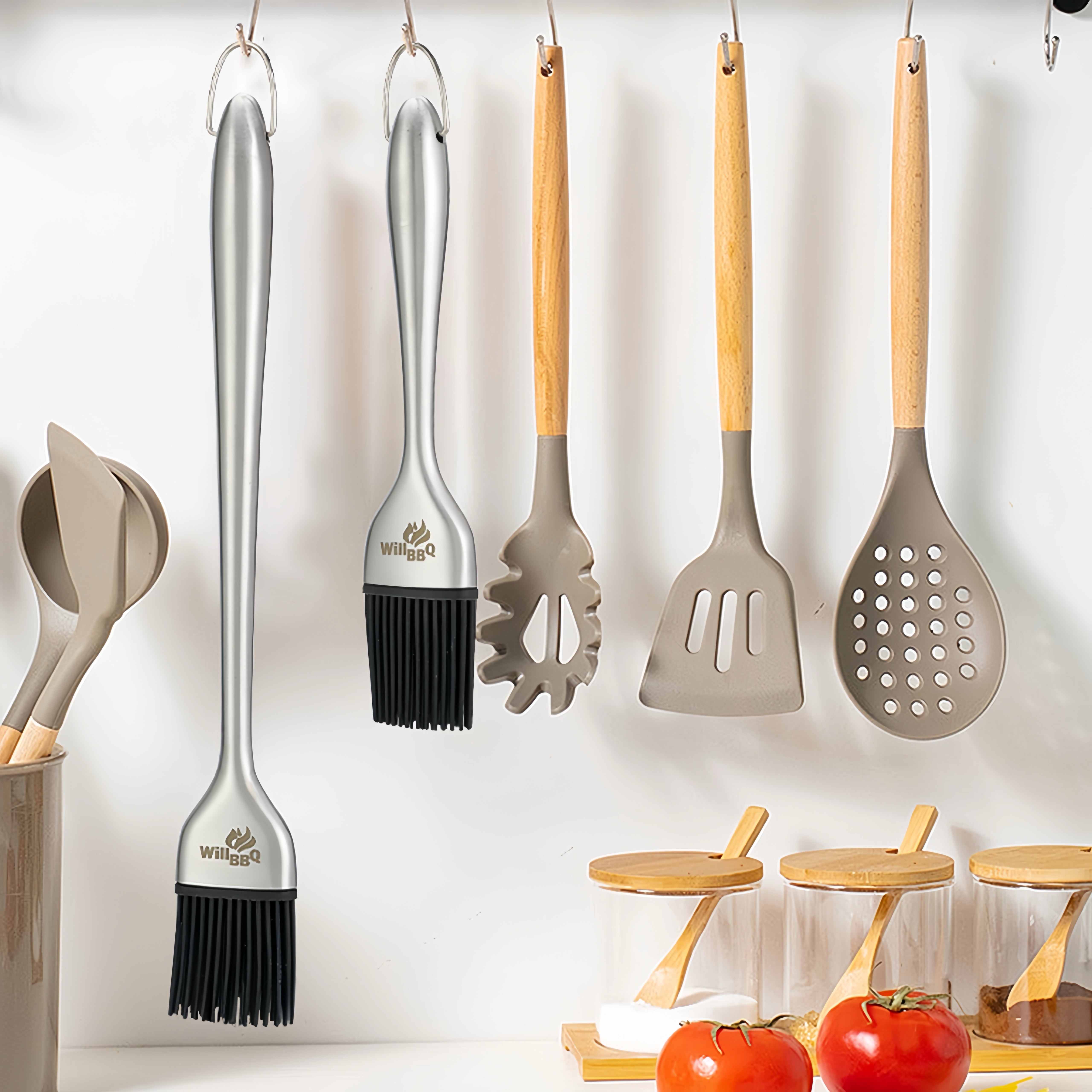 Stainless Steel Basting Brush Set with Spare Silicone Bristle Heads