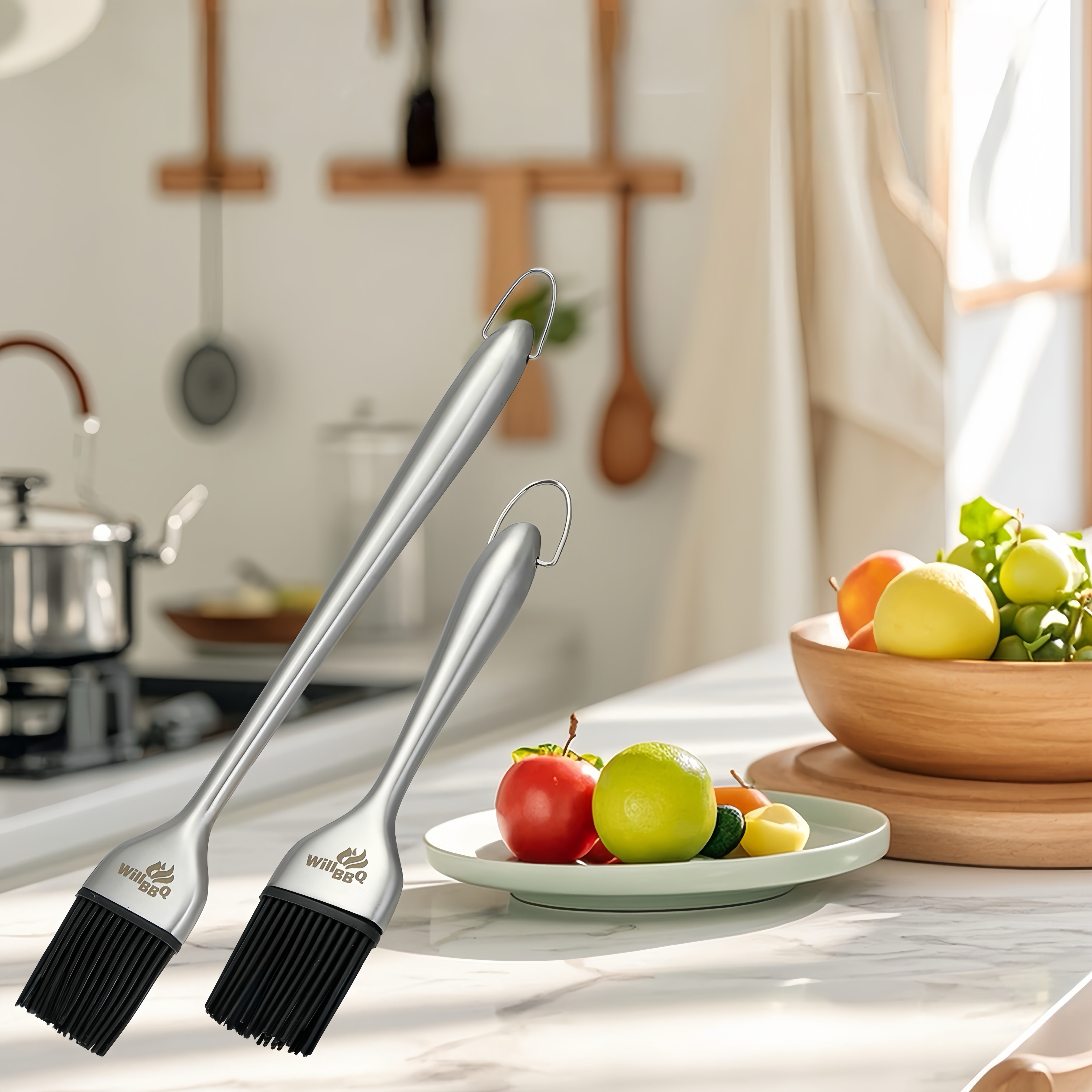 Stainless Steel Basting Brush Set with Spare Silicone Bristle Heads