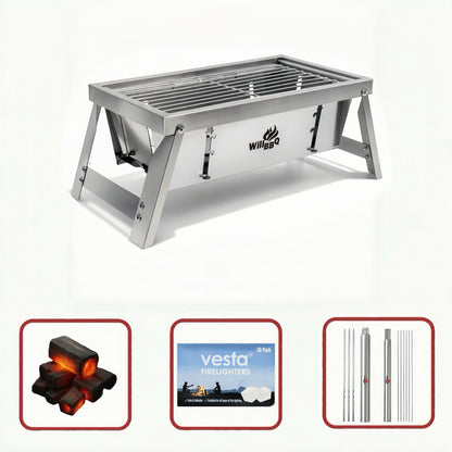 Ultra Compact Drop Open Stainless Steel Portable Grill (30cm * 17cm) Starter Value Bundle