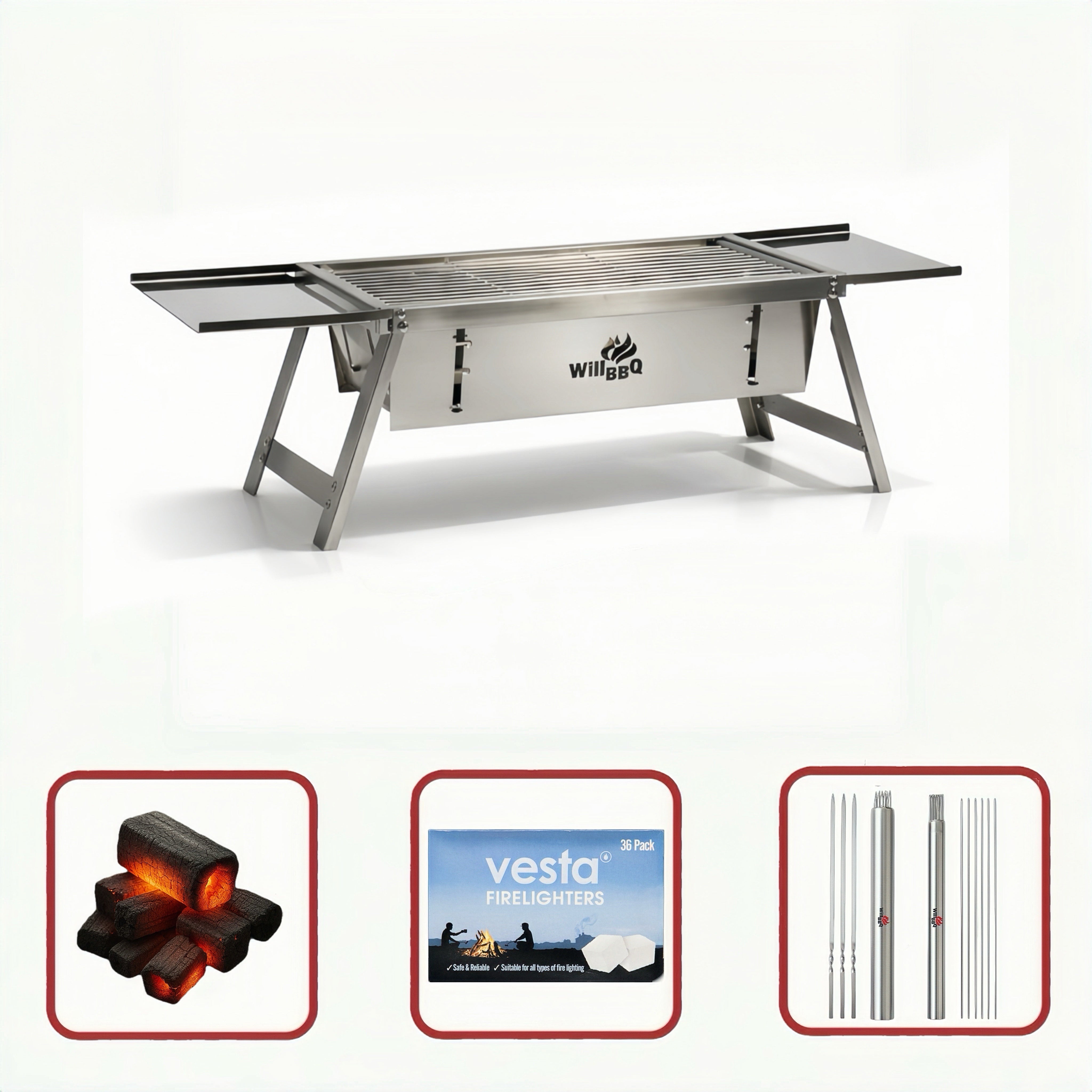 Ultra Compact Drop Open Stainless Steel Portable Grill (54cm * 17cm) Starter Value Bundle