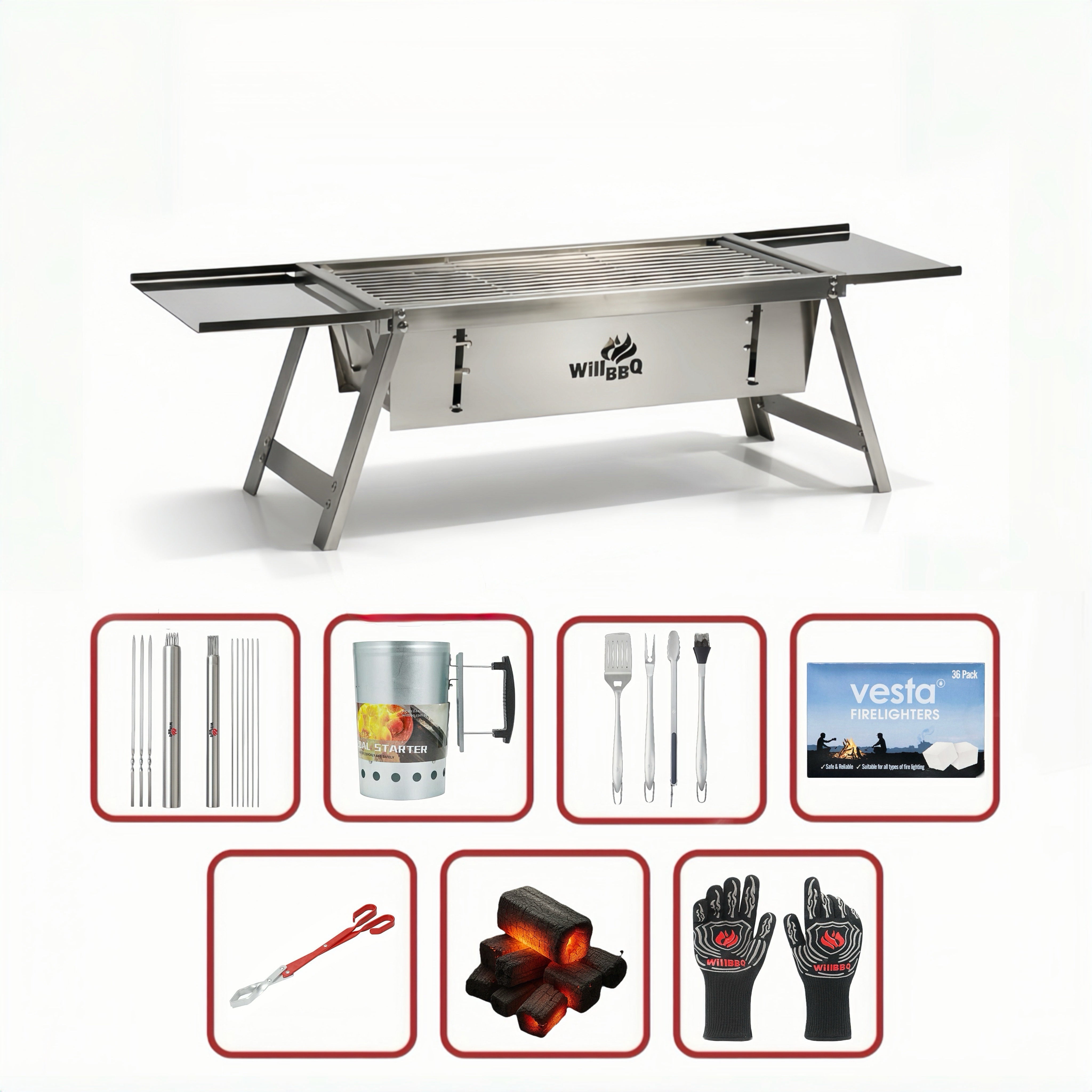 Ultra Compact Drop Open Stainless Steel Portable Grill (54cm * 17cm) Premium Value Bundle