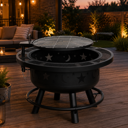 Heavy-Duty Adjustable Fire Pit Table with Star & Moon Cutouts + Table Kit