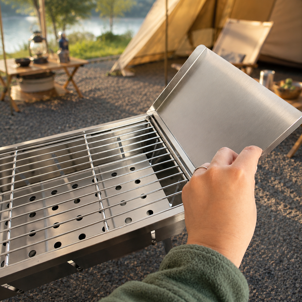 Ultra Compact Drop Open Stainless Steel Portable Grill With Folding Table (77.5cm * 26.5cm)
