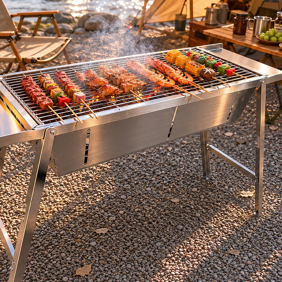 Ultra Compact Drop Open Stainless Steel Portable Grill With Folding Table (93.5cm * 26.5cm)