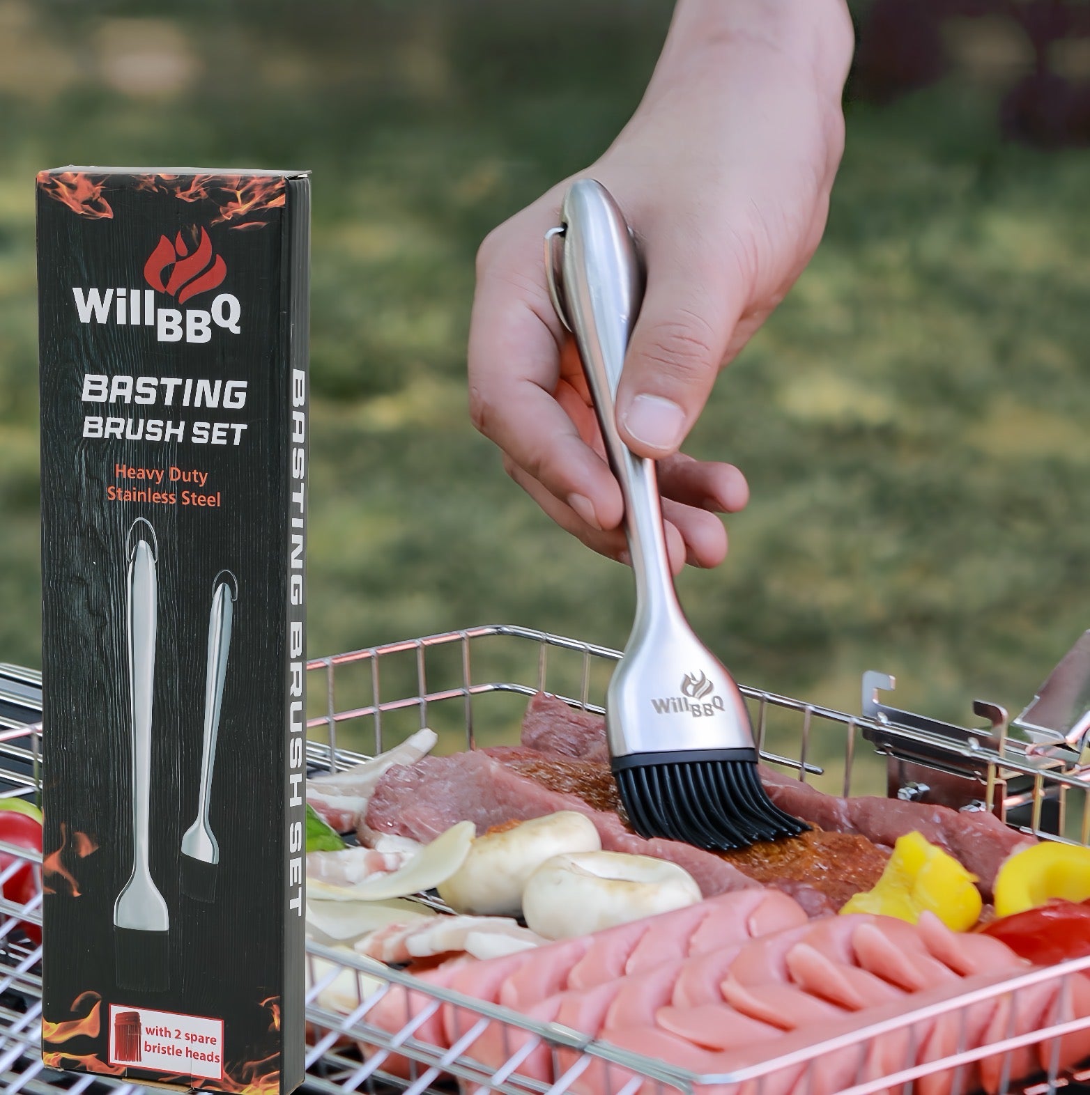 Stainless Steel Basting Brush Set with Spare Silicone Bristle Heads