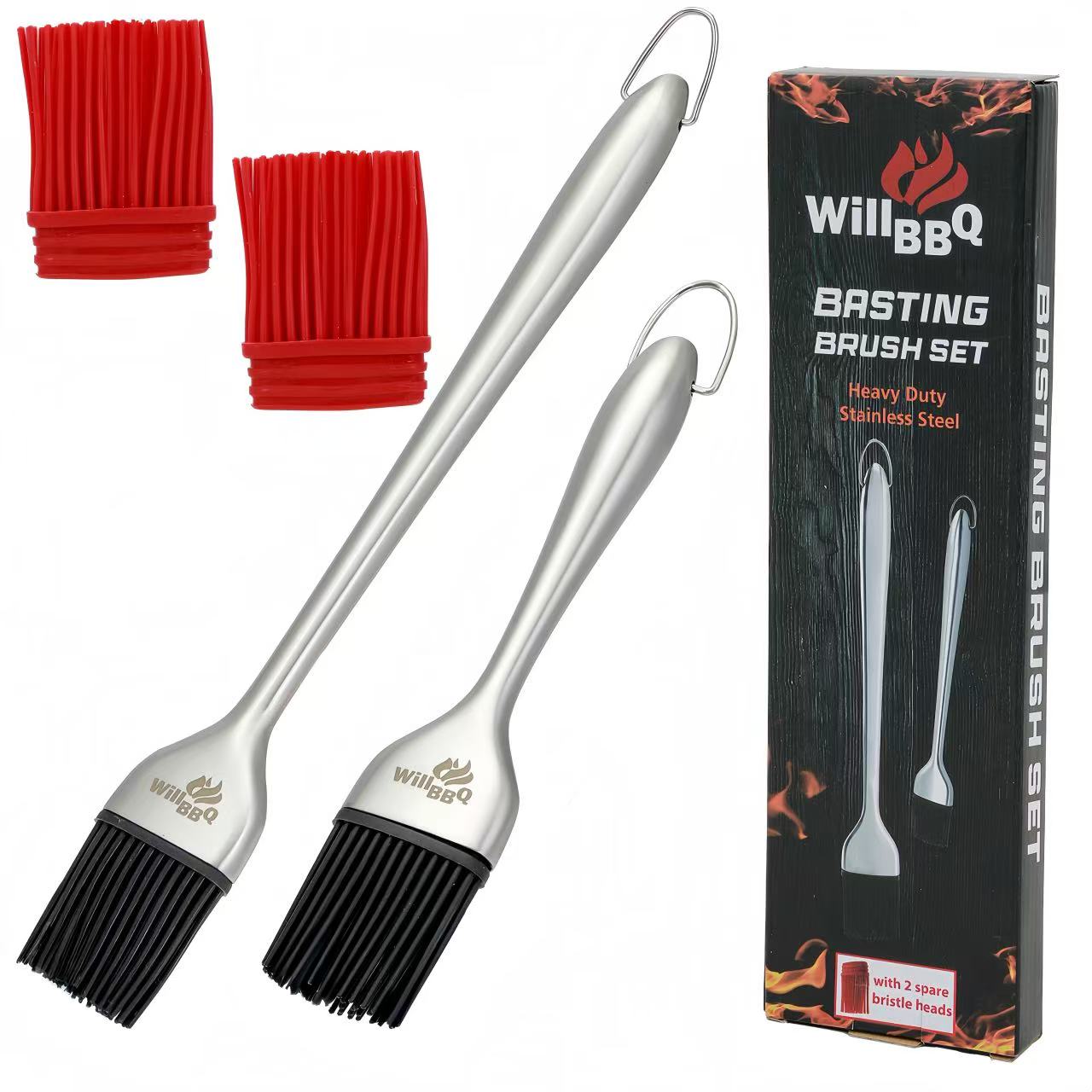 Stainless Steel Basting Brush Set with Spare Silicone Bristle Heads